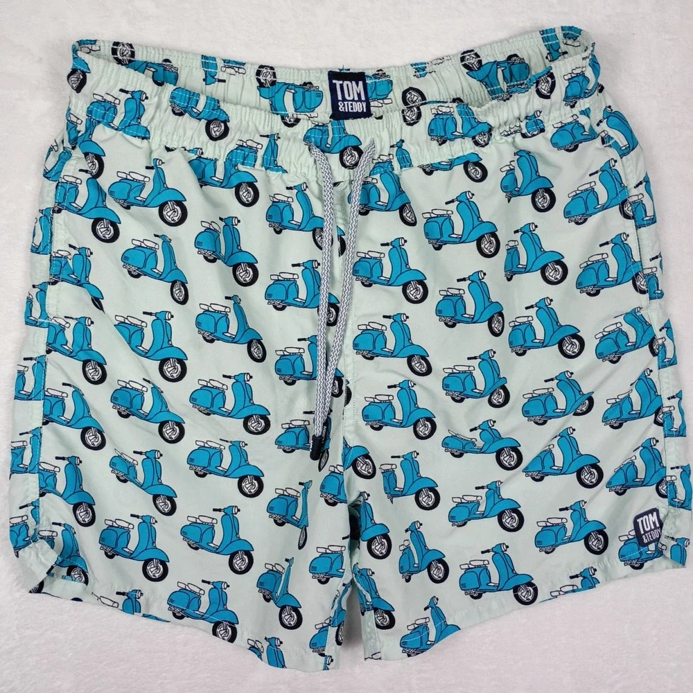 Tom & Teddy Mens Blue Scooter Print Swim Trunks Mint Medium M